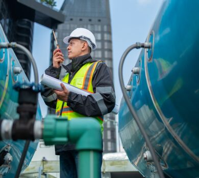 Engineer inspects water heater pump system and hot water tank on industrial roof