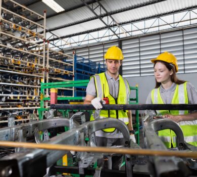 Male and Female worker inspect goods auto parts on shelves in warehouse. logistic import export auto parts. Checklist stock product in storage for logistic.
