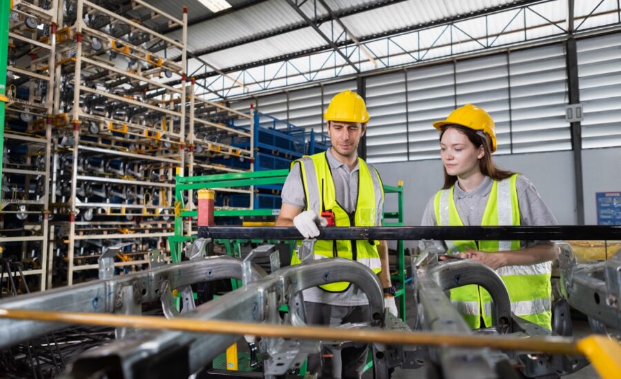 Male and Female worker inspect goods auto parts on shelves in warehouse. logistic import export auto parts. Checklist stock product in storage for logistic.