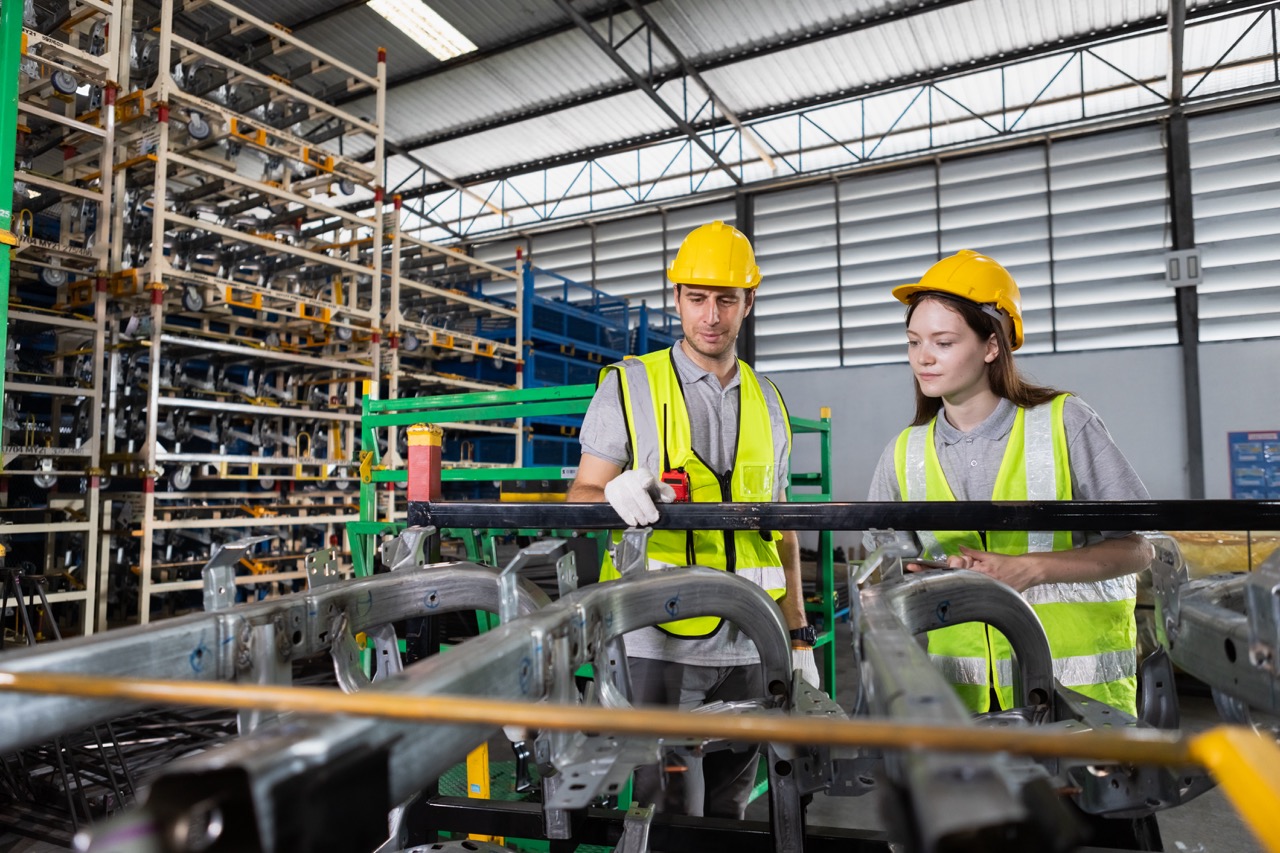 Male and Female worker inspect goods auto parts on shelves in warehouse. logistic import export auto parts. Checklist stock product in storage for logistic.